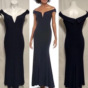 Xscape Off Shoulder Navy Blue Evening Gown Dress Formal Prom Wedding Party US 4